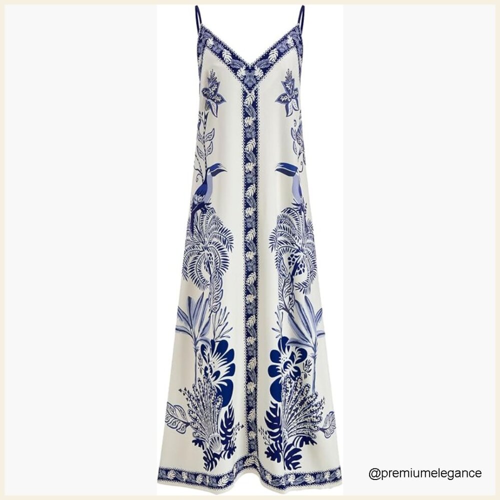 Boho Floral Maxi Dress Sleeveless Deep V Neck Summer Vacation Beach